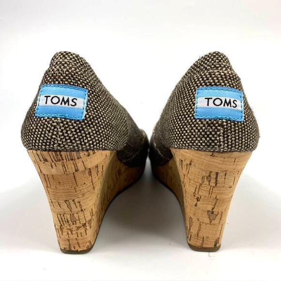Women's Toms Stella Peep Toe Cork Wedge Shoes Tweed Black & Natural Size 8 - Picture 6 of 9